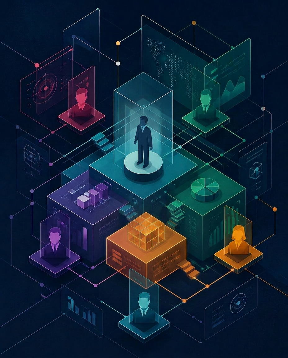 Abstract isometric graphic of connected ERP systems and specialist talent