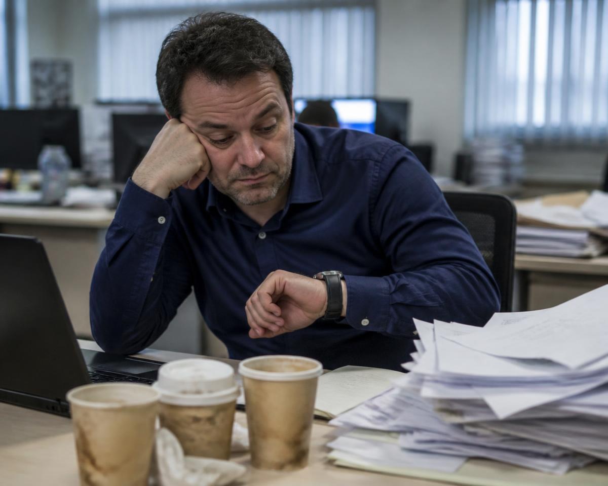A weary hiring manager at an office desk checking his wristwatch beside three used coffee cups and a tall pile of printed CVs.